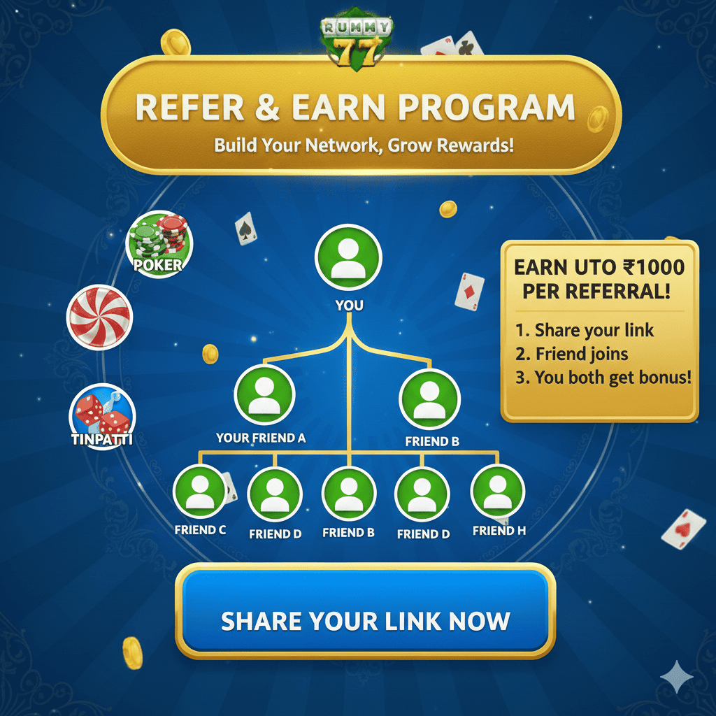 refar and earn program in rummy 77 game app